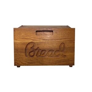 Vintage Wooden Bread Box with Drop Down Lid Cutting Board Door Carved Script Oak